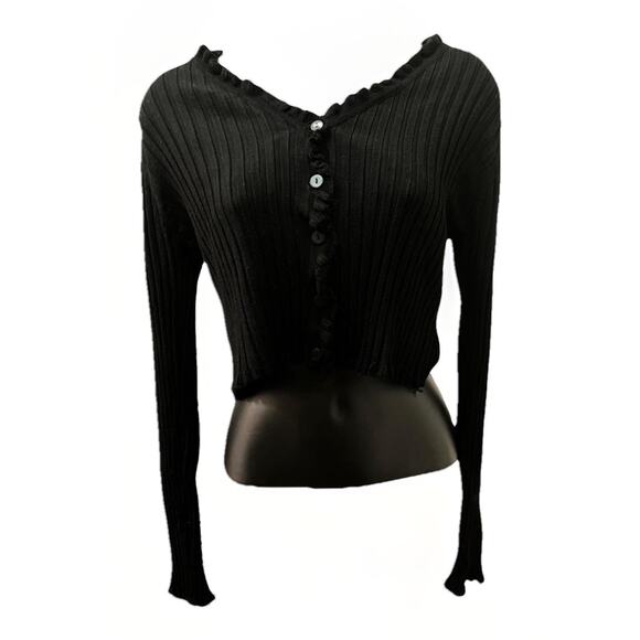 Love Tree Women’s Medium Black Ribbed Cropped Cardigan Long Sleeve Button Up - Picture 1 of 5